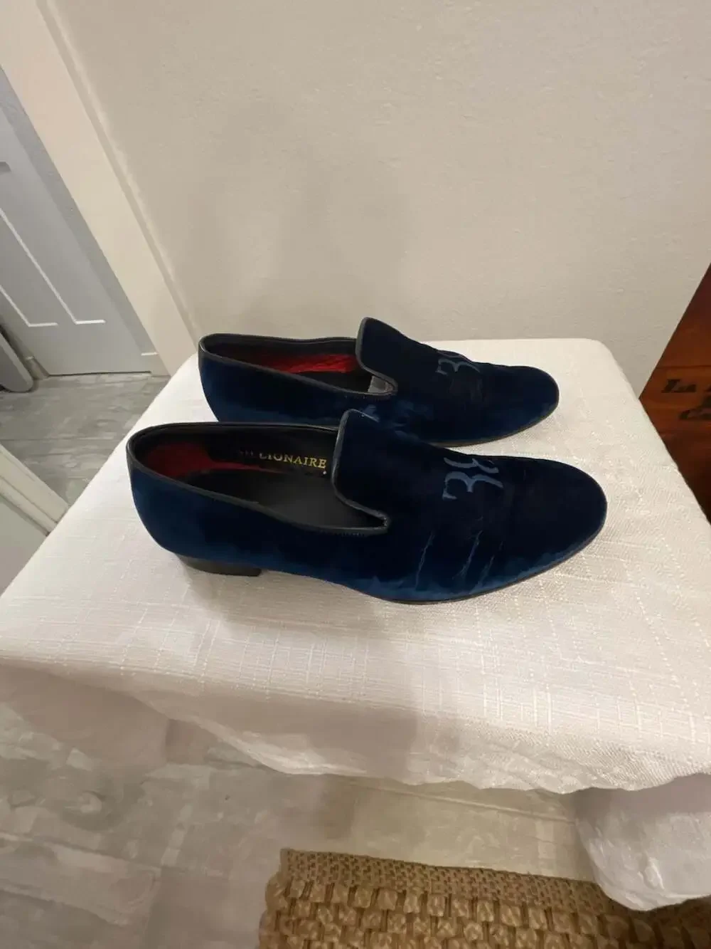 Billionaire Italian Couture Navy Velvet Monogram Loafers Angelo Galasso Size 43